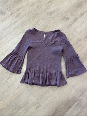 Free People Mauve V-Neck Smocked Bell Sleeve Tunic